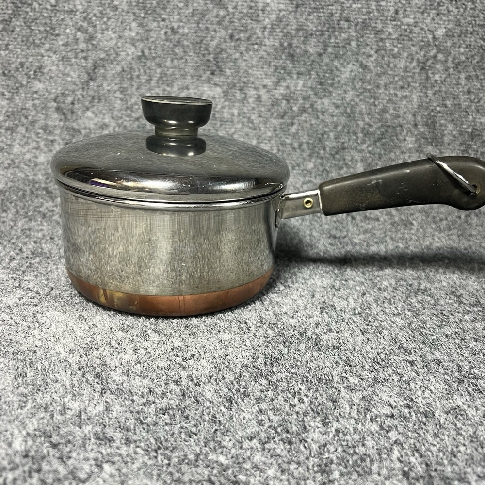 Vintage Revere Ware 1 qt Sauce Pan, Copper Bottom, Stainless Steel, Lid, 95